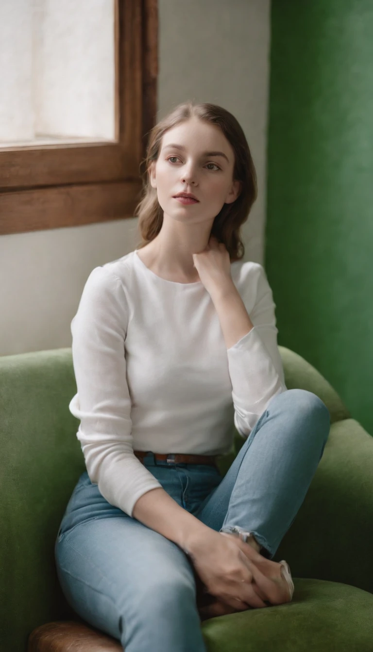 young girl in jeans sitting on a green television by maryann coady, in the style of sean scully, mary jane ansell, genderless, photo taken with fujifilm superia, bold curves, light white and white, industrial chic,upper body