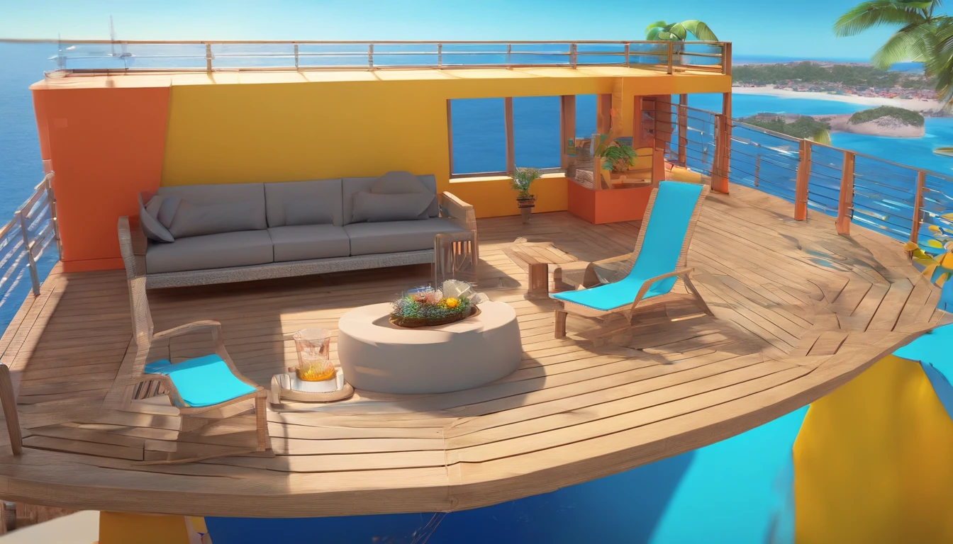 1 djs on top of a deck next to the ocean, color blu blue, in the style of rico lebrun, colorful clothes, push processing