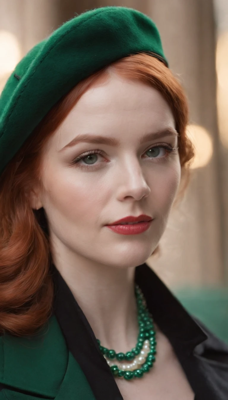 70s style redhead young woman, wears green retro beret and black clothing, pearl necklace, fashion attitude, side lighting, medium close up shot, high quality photo