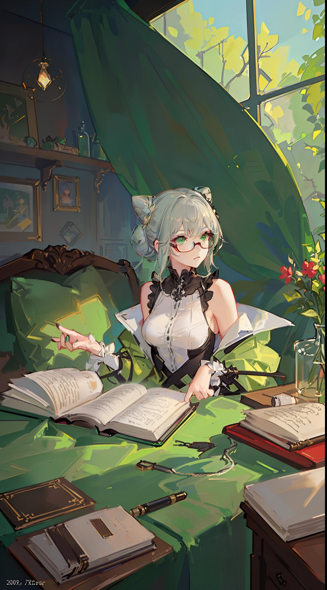 young girl, Gray hair in one bun, Green eyes, red glasses, Green Science Dress, White Elements, Sleeveless, open breasts, book, Masterpiece, hiquality, high detail, HD, 4k