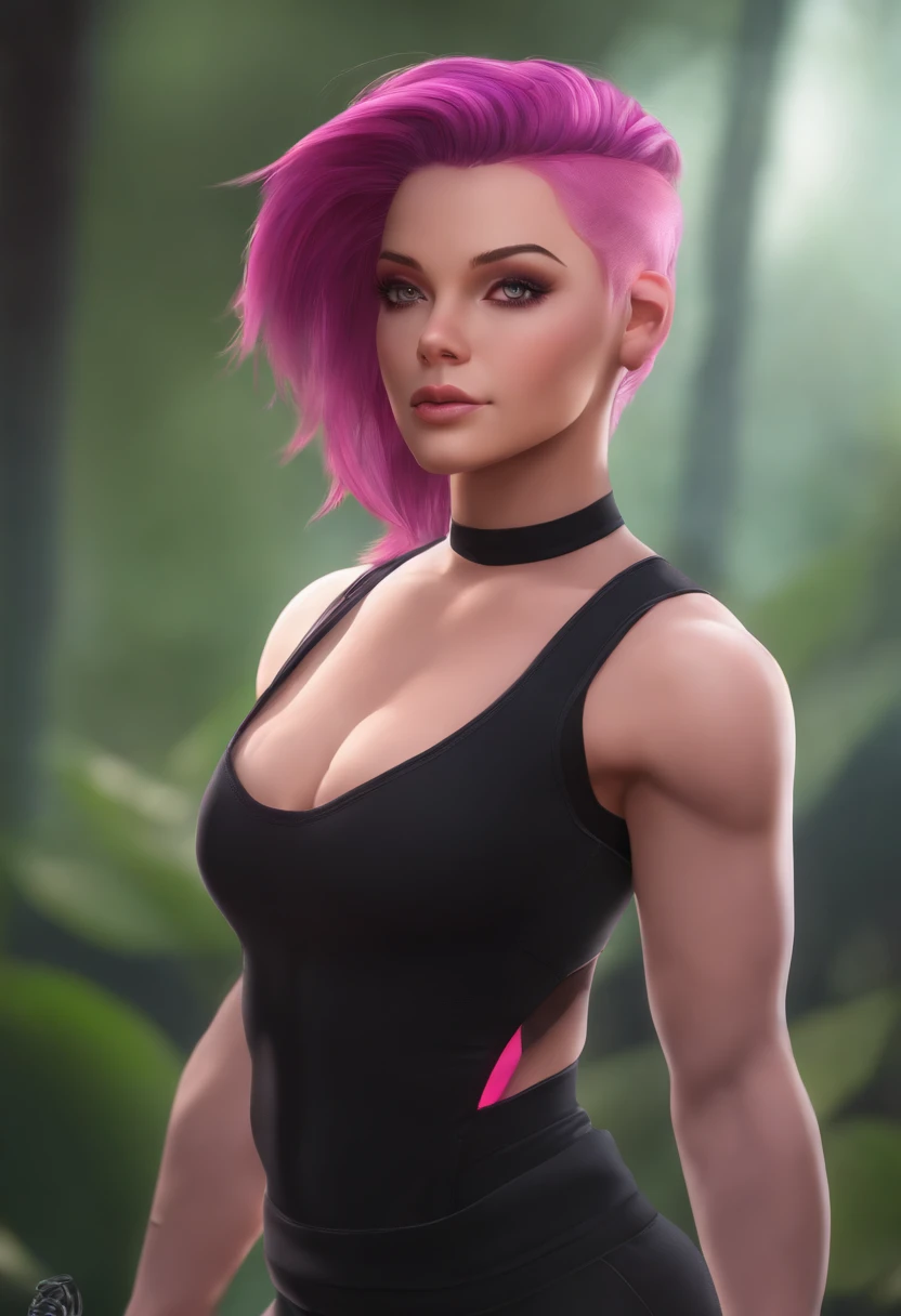 Aelita Royer, Purple hair, Ponytail, Purple eyes, buff, Muscle shirt, , Pink shirt, leaf in hair, Black yoga pants, Pink hair, Long hair, Red eyes, Aevia, Lesbian sex, scissoring , Cum