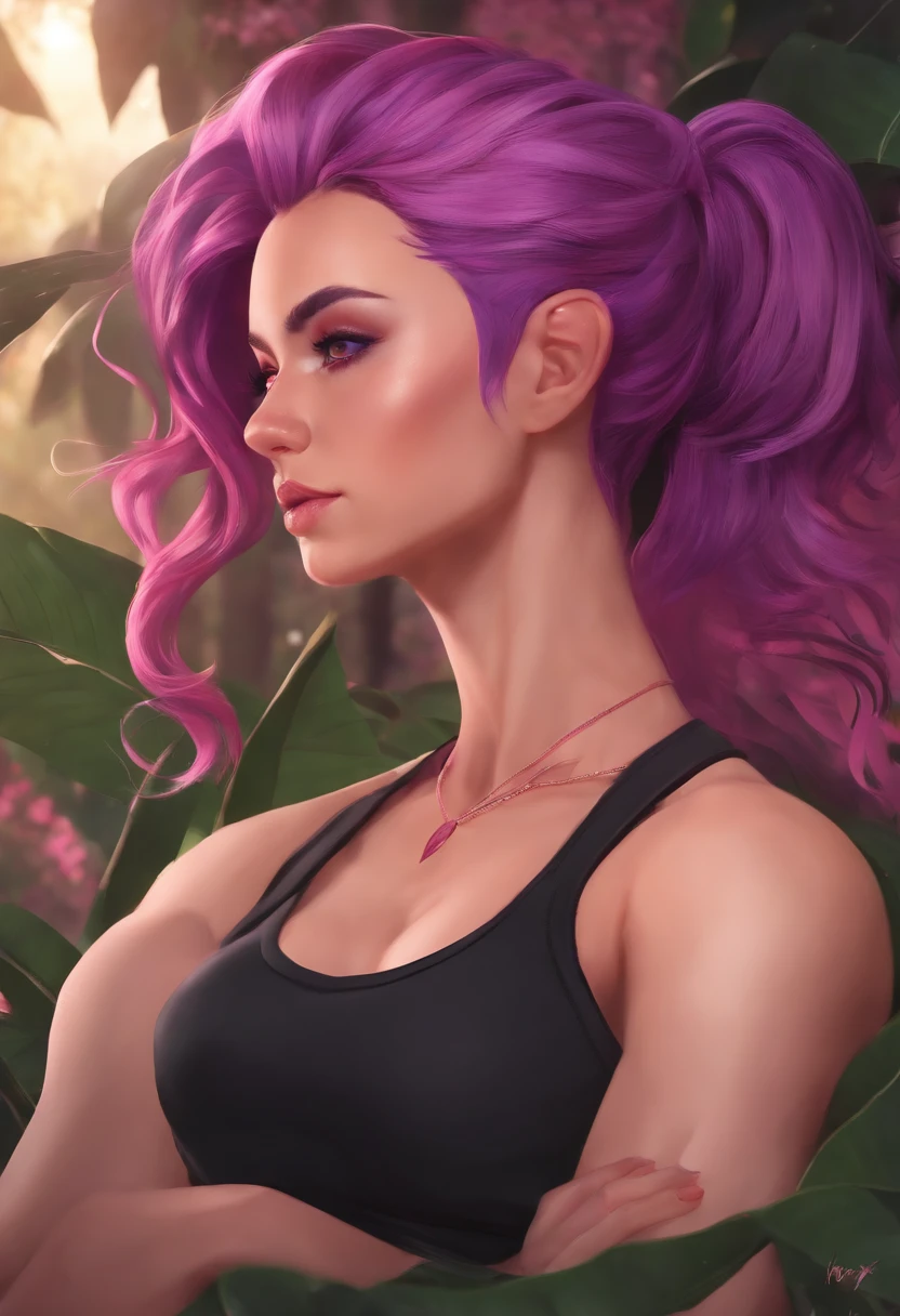Aelita Royer, Purple hair, Ponytail, Purple eyes, buff, Muscle shirt, , Pink shirt, leaf in hair, Black yoga pants, Pink hair, Long hair, Red eyes, Aevia, Lesbian sex, scissoring , Cum