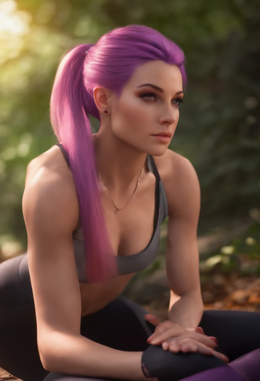 Aelita Royer, Purple hair, Ponytail, Purple eyes, buff, Muscle shirt, , Pink shirt, leaf in hair, Black yoga pants, Pink hair, Long hair, Red eyes, Aevia, Lesbian sex, scissoring , Cum