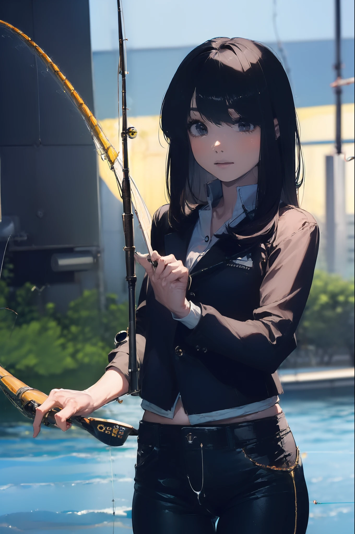 ((((Have fishing rod with a reel:1.5)))),((Female 28 years old)),((Best Quality:1.5)),(((Hands with the correct number and structure of fingers:1.4))),((lakeside:1.37)),hight resolution,ultra-detailliert,masterpiece,best qualtiy,(Eight-headed body),Black hair, long eyeslashes, Solid Circle Eyes, drop shadow, Atmospheric perspective,Super Detail, ccurate, small brest,(Black jacket and black jeans :1.1),top-quality, blurry backround, bokeh dof:1.2, (masterpiece:1.3), Atmospheric perspective,Super Detail,dynamic compositions, Ultra High Quality,