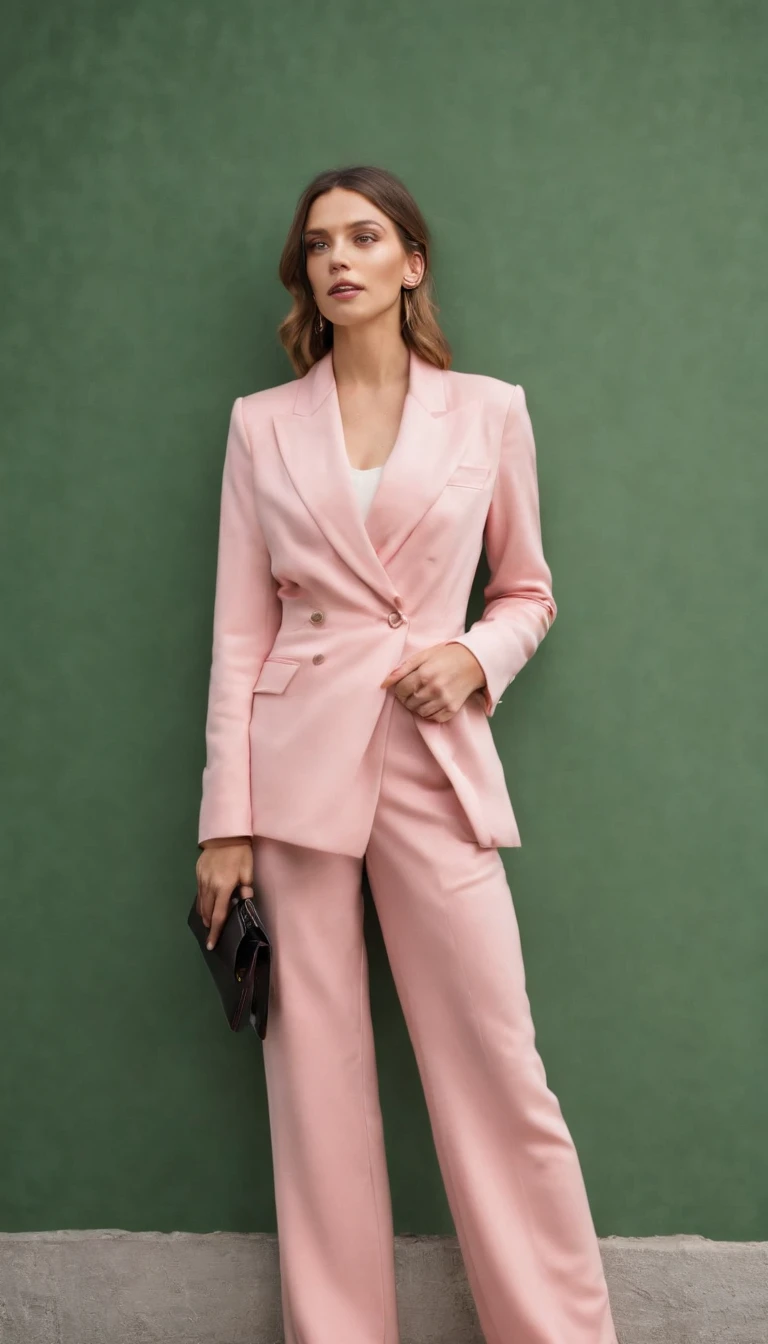 a woman in a pink suit who leans against a green wall, in the style of slumped/draped, bold fashion photography, stockphoto, nikolay makovsky, asymmetric balance, orange, two dimensional