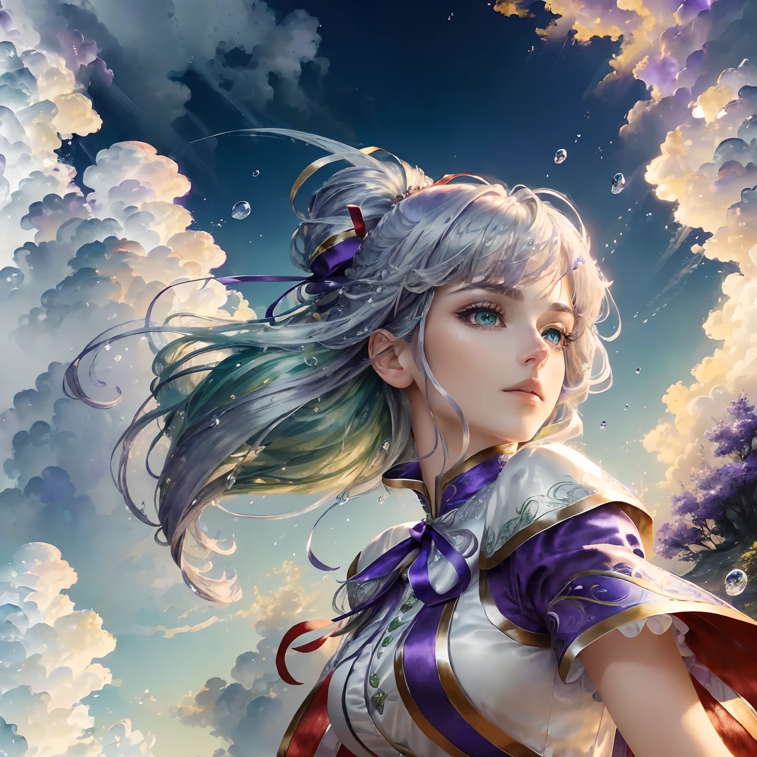 (masterpiece, high quality illustrations, ultra-detailed CG art, stunning 8k wallpaper), dynamic angle, dynamic pose, beautiful woman, (silver hair, purple hair, blue hair, green hair, yellow hair:1.3, red hair:1.2), blue eyes, exquisite white wuxia outfit with neck ribbon, atmospheric water droplets, clouds, twilight, wide shot, watercolor.