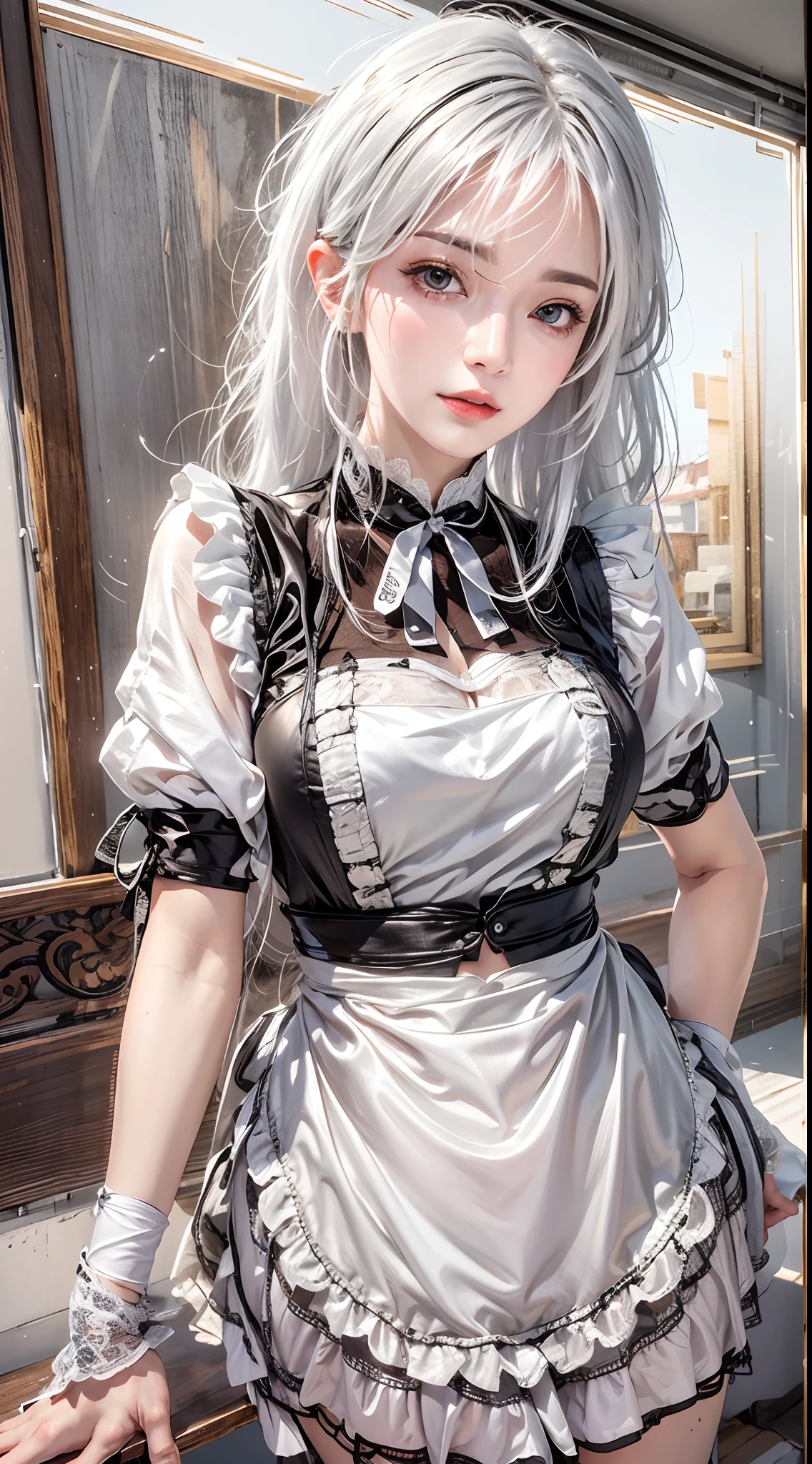 photorealistic, masterpiece, high resolution, soft light, mature female, silver hair, blue eyes, hips up, black maid costume, maid outfit, full maid clothing, jewelry