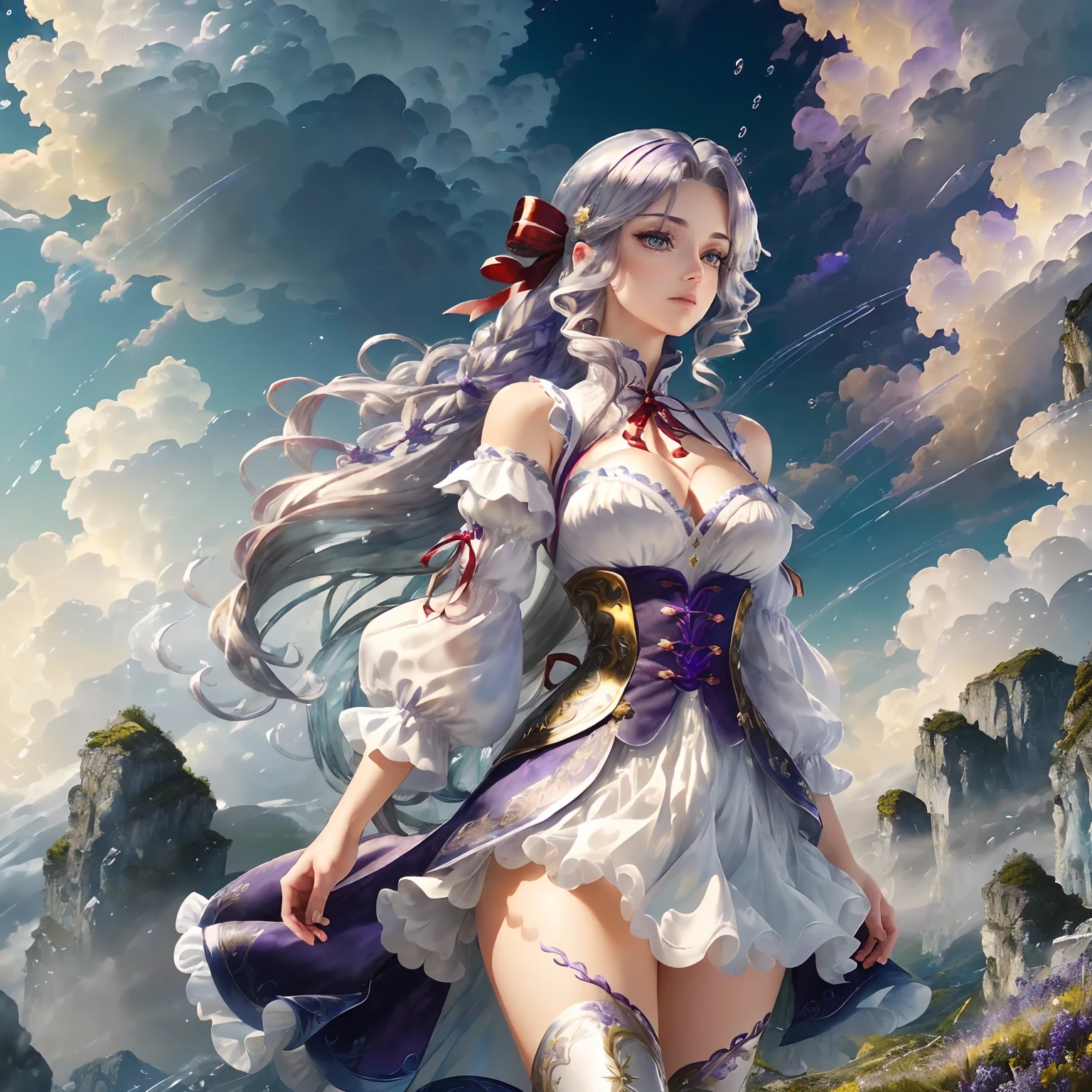 (masterpiece, high quality illustrations, ultra-detailed CG art, stunning 8k wallpaper), dynamic angle, dynamic pose, beautiful woman, (silver hair, purple hair, blue hair, green hair, yellow hair:1.3, red hair:1.2), blue eyes, exquisite white wuxia outfit with neck ribbon, atmospheric water droplets, clouds, twilight, wide shot, watercolor.