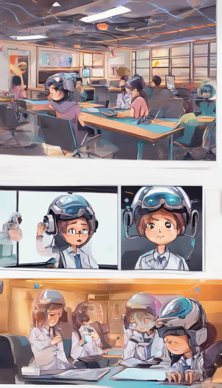 Depict a bright classroom，Full of technology atmosphere。Students in the classroom can use VR glasses for virtual reality learning，They can explore a variety of scenarios and knowledge in an immersive way。ao mesmo tempo，There are also students drawing cartoon characters，Show their creativity and artistic talent。Teachers are teaching students how to take pictures with their cameras，Develop their photography skills。Still others draw with brushes，Express your thoughts and feelings。ao mesmo tempo，There are also students exploring the inside of the classroom，Discover new knowledge and discoveries。There are even students operating drones to measure，Demonstrate the application and innovation of technology。The entire illustration can be laid out vertically，to highlight the faces and expressions of the characters，This illustration is suitable for commercial use，Can be used for education-related advertising、promotional materials, etc，Show the technology and innovation of modern education。