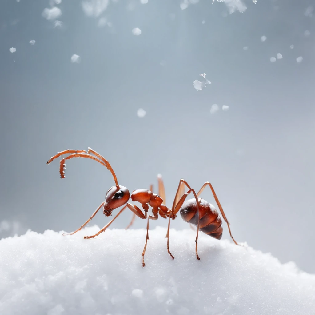 an ant standing on the snowy land is trying to touch the snowflake dropping from the air