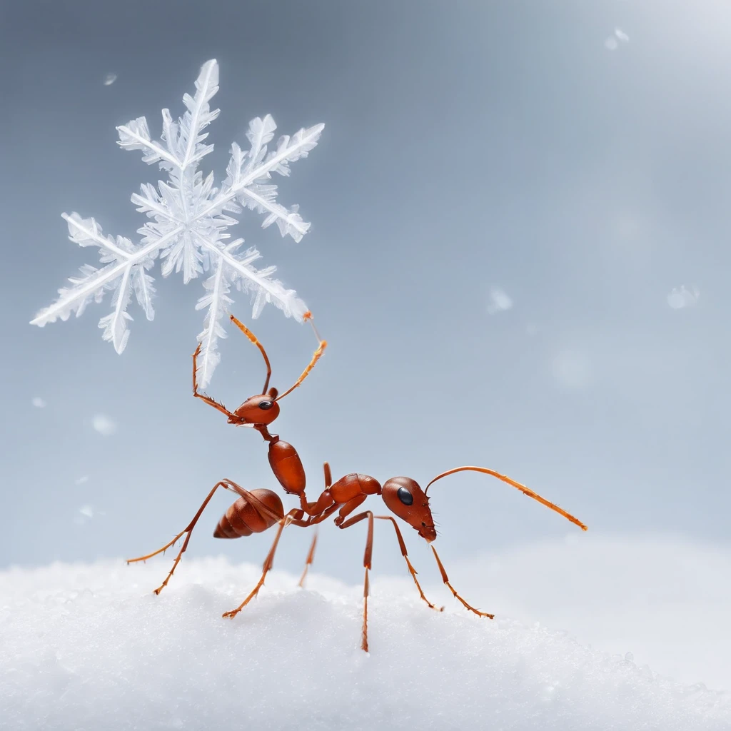 an ant standing on the snowy land is trying to touch the snowflake dropping from the air