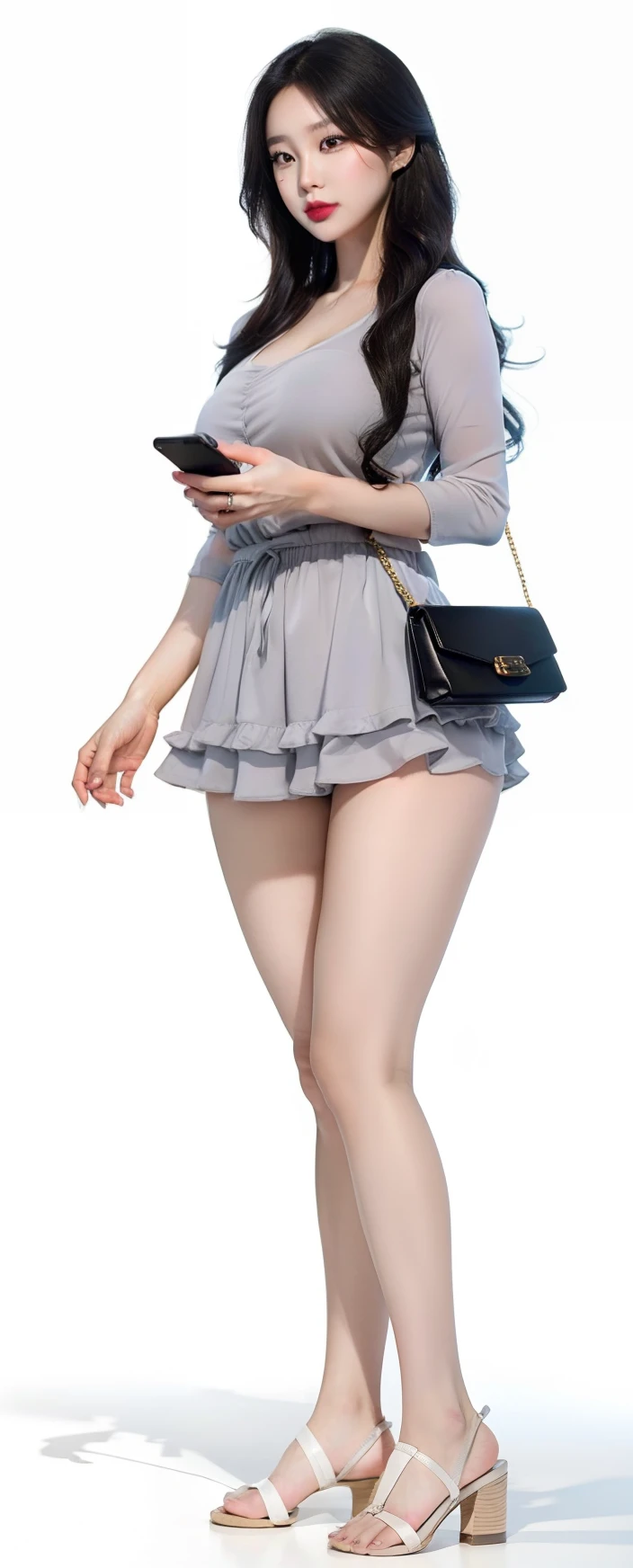 (8k, RAW photos, top quality, masterpiece: 1.2), (realistic, photorealistic: 1.37), (High Quality), (Ultra realistic), (High Details), (Face detail), (Shadow Detail), ((gigantic huge bresat : 1.5)), solo, 1 girl, black hair, eyeshadow, eyeliner, make-up, red lips, light grey dress, black mini bag, smartphone, candid