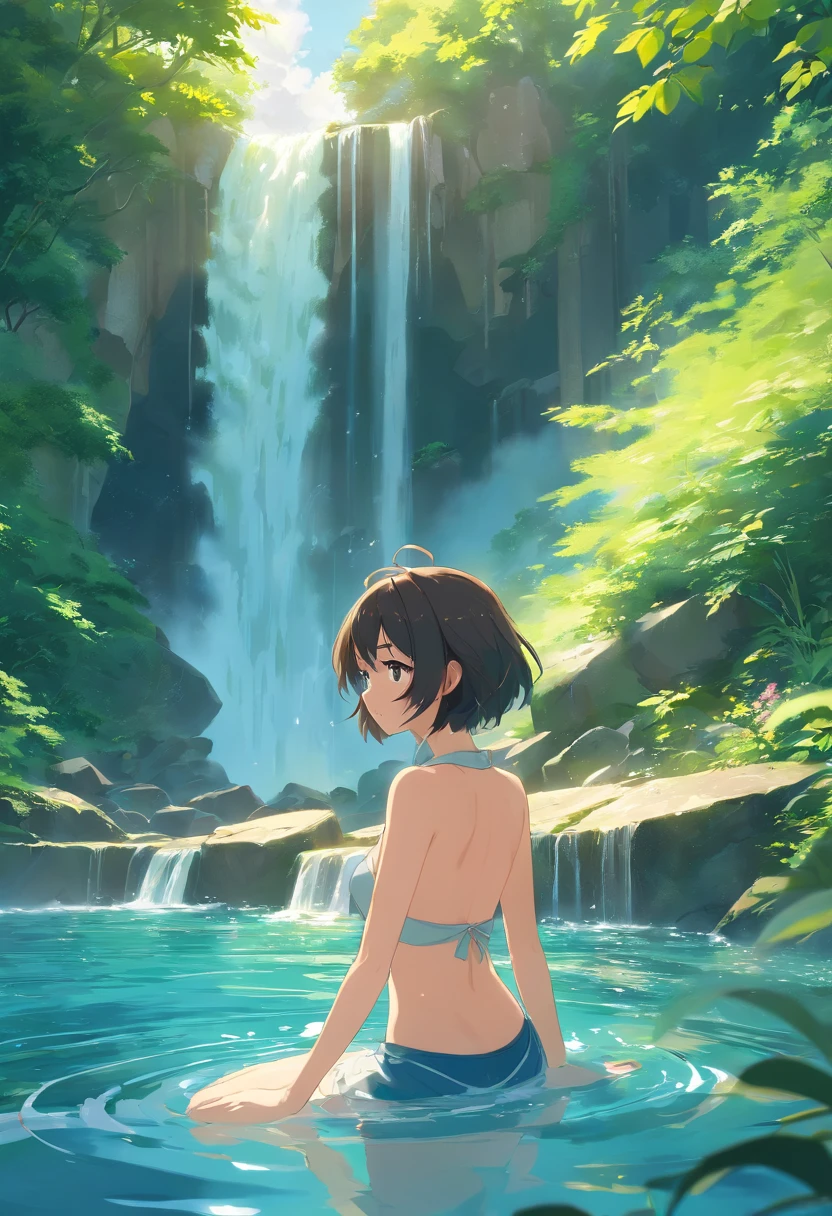 sexy beauty，Has a furry tail，fluffy ears，exquisite facial features，Background of waterfall pool，Sunlight shines through the green leaves