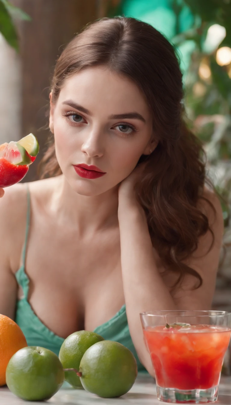 a young woman laying down in front of a table with fruit and cocktail, in the style of light red and light emerald, humorous imagery, wimmelbilder, close up