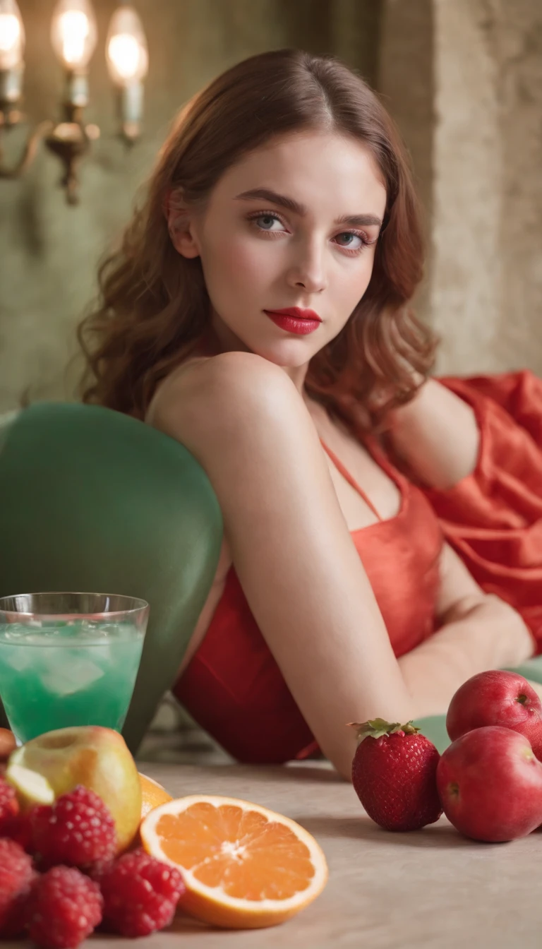 a young woman laying down in front of a table with fruit and cocktail, in the style of light red and light emerald, humorous imagery, wimmelbilder, close up