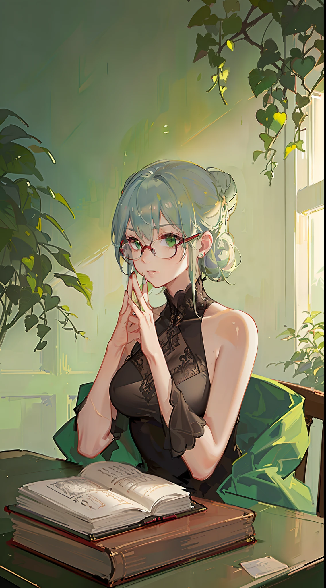 young girl, Gray hair in one bun, Green eyes, red glasses, Green Science Dress, White Elements, Sleeveless, open breasts, book, Masterpiece, hiquality, high detail, HD, 4k