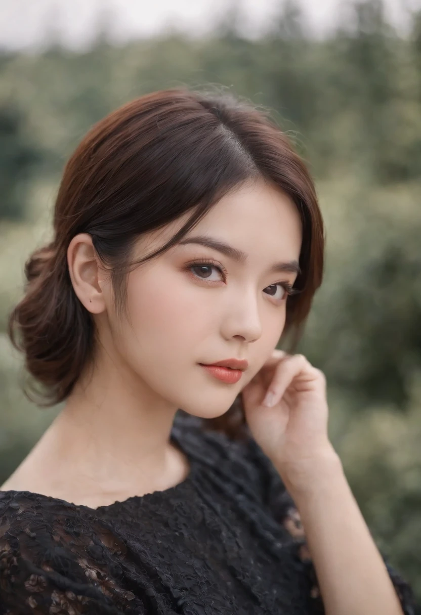 (Detailed and realistic portrait of a girl with a clean face),Delicate skin texture,stares at the camera,Bright with God's big eyes Magical photography,dramatic lighting,Foto realism,ultra - detailed, Intimate portrait composition,(centered image composition),(Close-up Shot Shot:1.6),best qualtiy,f / 1。bust, (28 years old Asian female), black_hair,(black_eyes:1.2),(Short curly hair in wool),putting makeup on,white_dress, (Hazy blue_sky_background)HD photography bokeh,Depth of field Macro