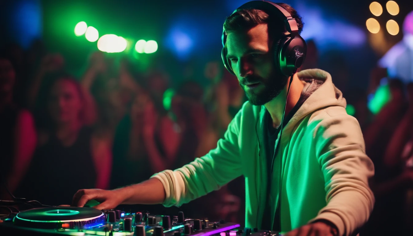 Upper body, (DJ with headphones and microphone: 1,4), photo taken during the day, mixing console, performing at a vibrant (music festival: 1,2) with (energy people: 1,1) and (stage lights colorful: 1.1),(cinematic lighting), RAW photo, 8K