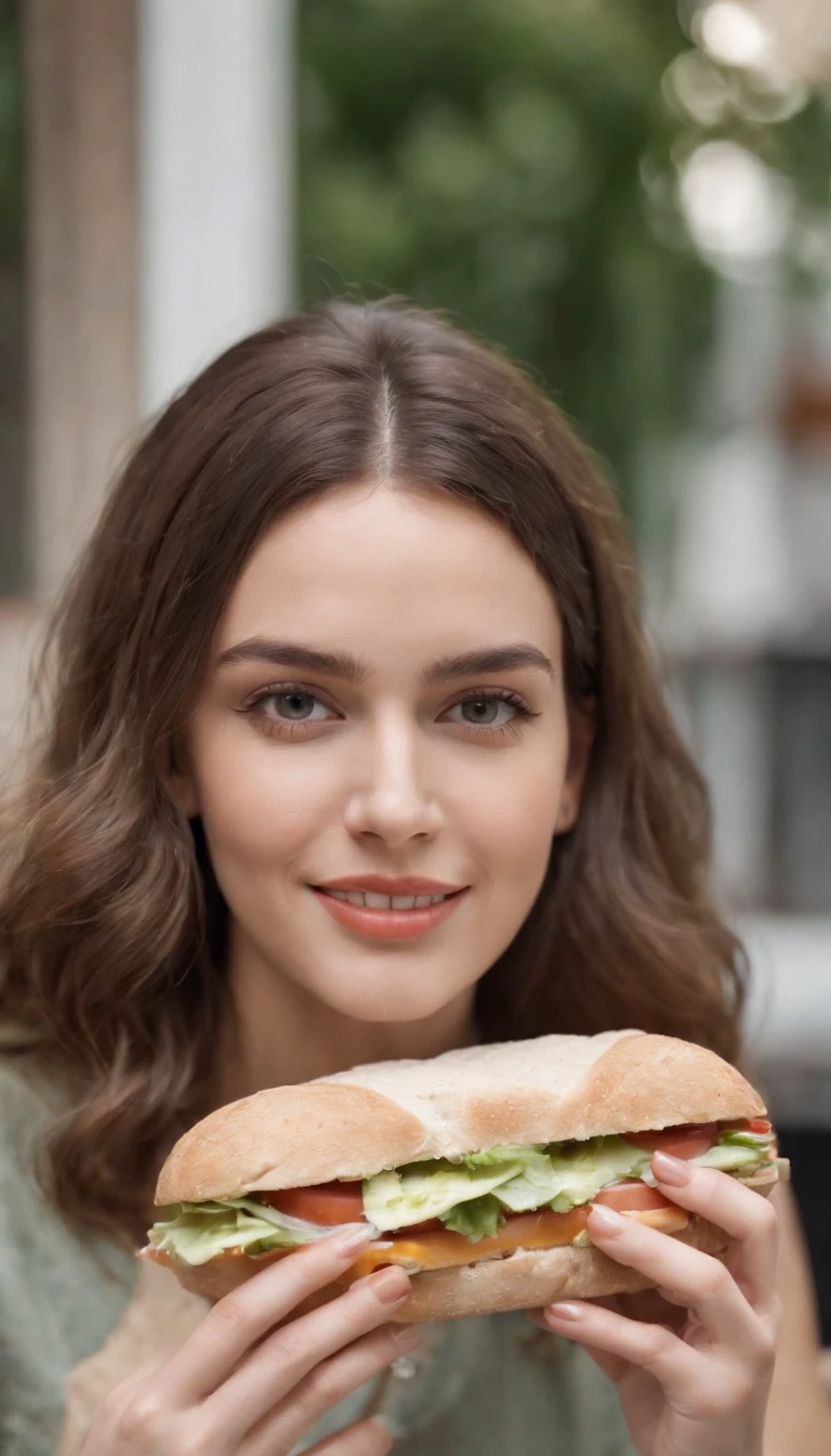 young woman with a sandwich in her hands, framing close up on the sandwich, natural light, high quality photo