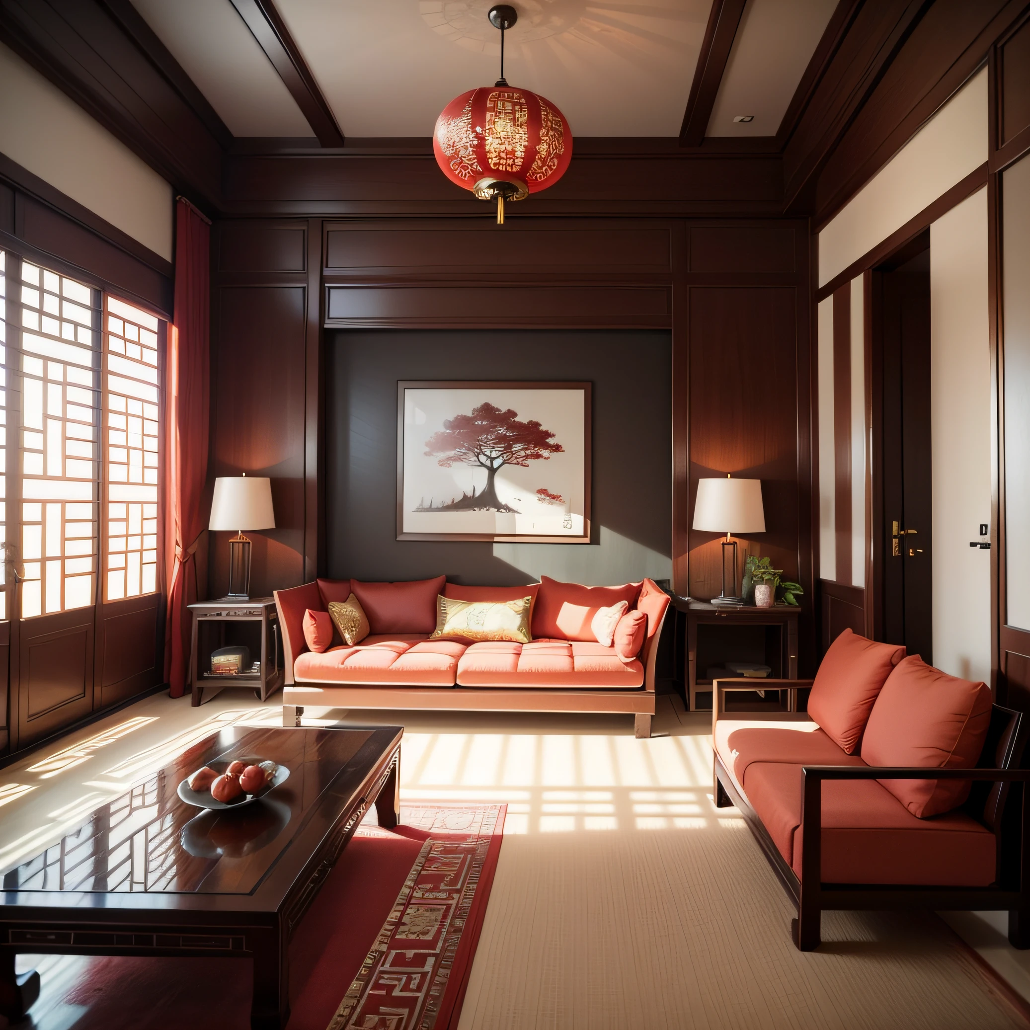 Chinese style living room,There is a sofa inside,There are greenery,There is a coffee table in front of the sofa,Crafts are laid out on the coffee table
