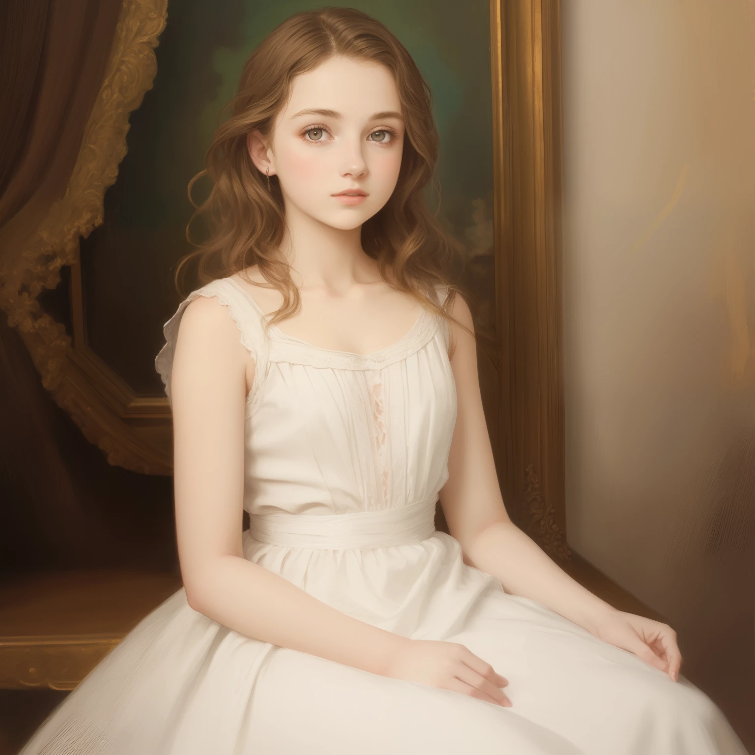 1girl、A beautiful  girl with、very small chest、short wavy brown hair、portraitures、an oil painting、Modern and realistic proportions、Intricate and intricate details、foco nítido、White dress、sleeveless