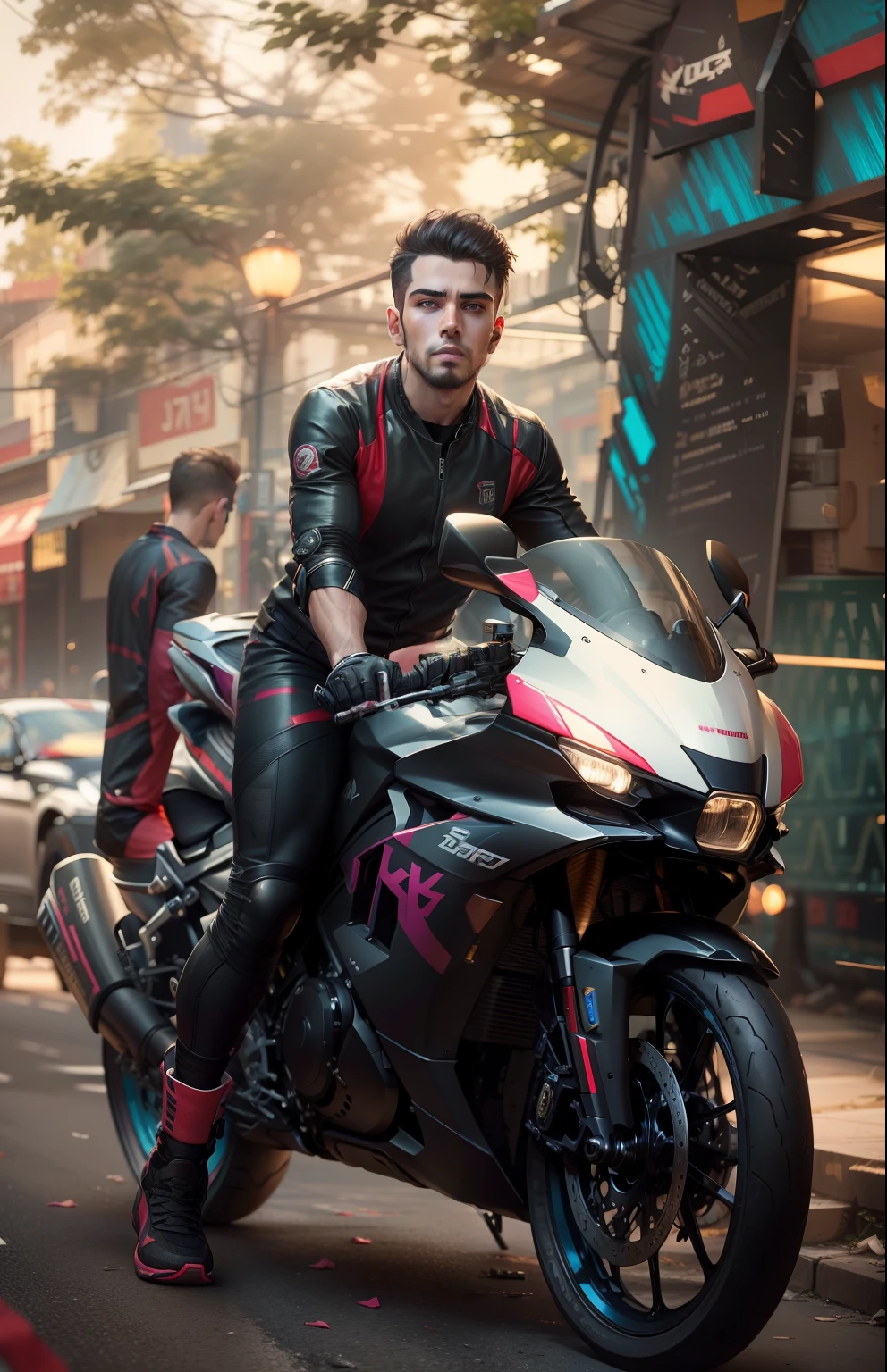 Change background cyberpunk handsome boy realistic face ultra hd sports bike realistic and original dress