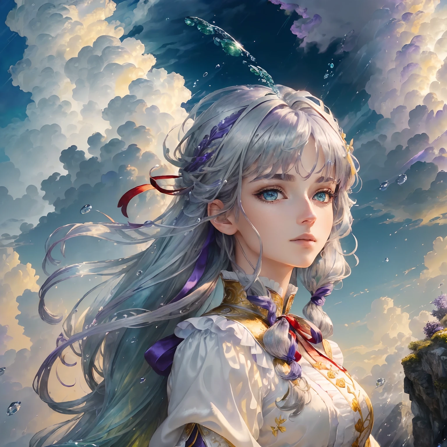 (masterpiece, high quality illustrations, ultra-detailed CG art, stunning 8k wallpaper), dynamic angle, dynamic pose, beautiful woman, (silver hair, purple hair, blue hair, green hair, yellow hair:1.3, red hair:1.2), blue eyes, exquisite white wuxia outfit with neck ribbon, atmospheric water droplets, clouds, twilight, wide shot, watercolor.