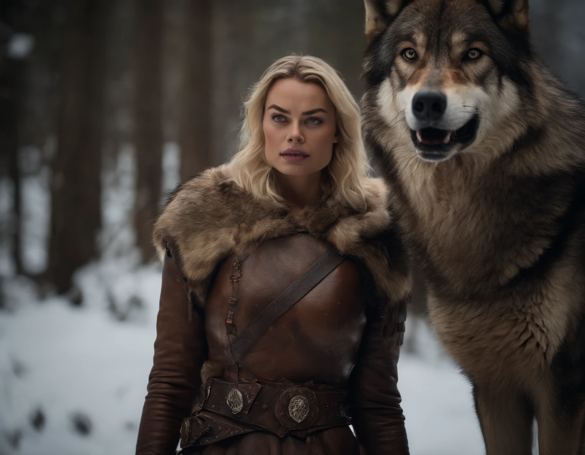 4k highly detailed realistic digital extremely high quality RAW photograph, a portrait photo of margot robbie that lived with wolves her whole life is now leading them to battle. torn clothes exposing (nude:1.4) body, armored pauldrons, fangs, curled horns, big breasts, ((snow and blood)), ((wolf tattoos)), epic, hyperrealistic, hyperrealism, 8k, cinematic lighting, greg rutkowski, wlop, (f1.8 short focus bokeh)