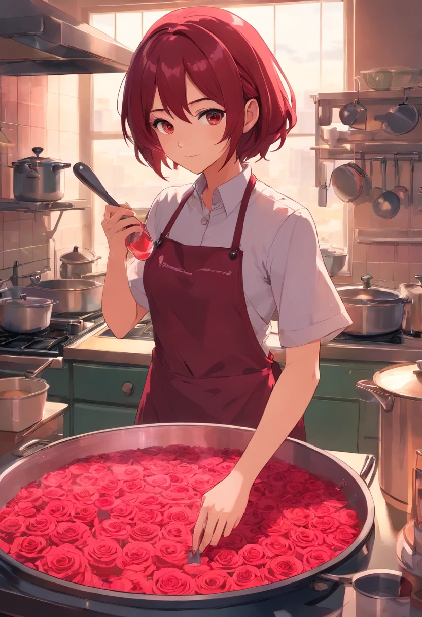 Rose vine man winding,Overall circle,Red and black color scheme,There are a lot of measuring cups,beakers,There is liquid in it,steamy,No man's scene,Red and black color scheme