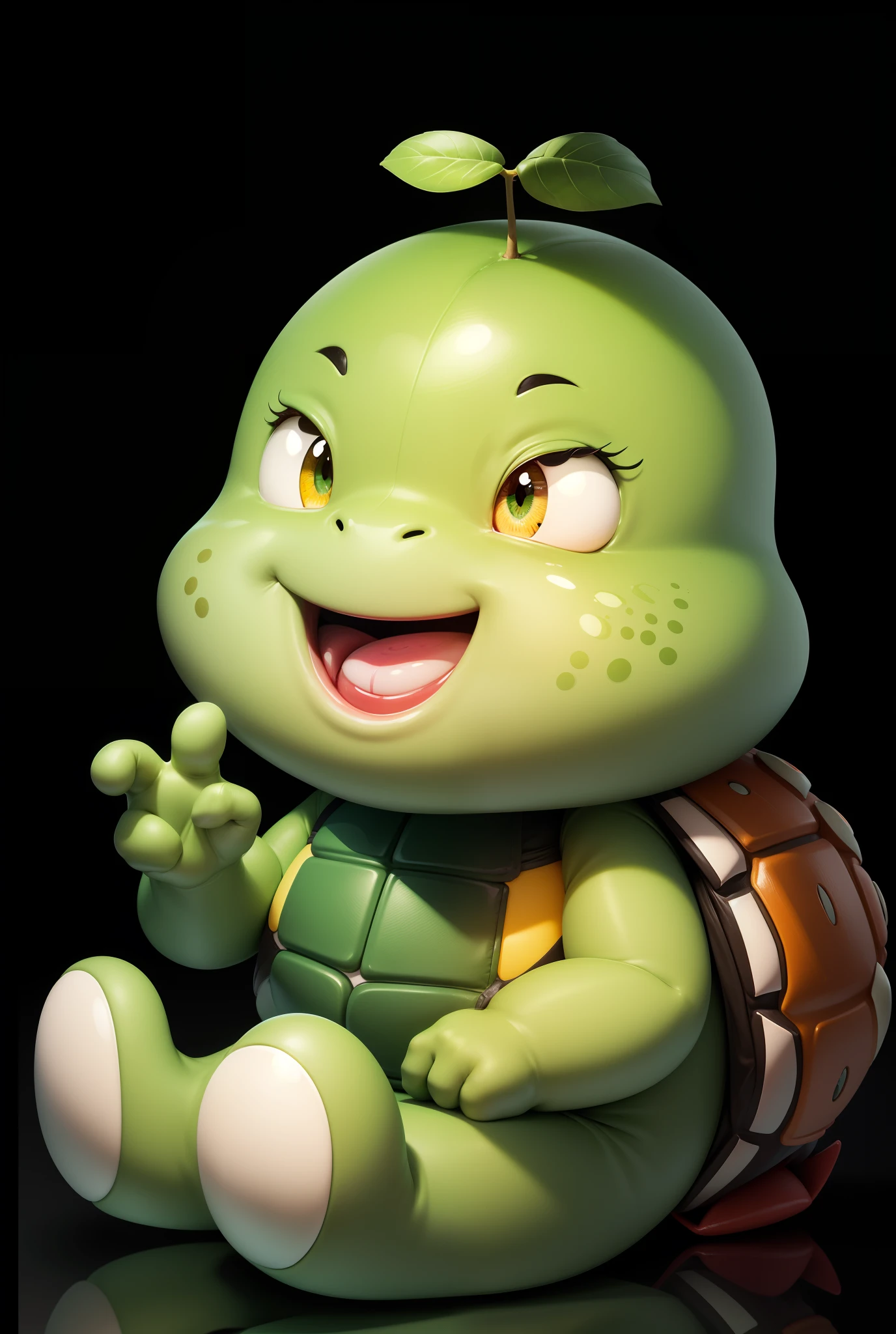 Cute cartoon,Rounded,Sit Pose,Green skin,Redfaced,黑The eye,Yellow belly,Brown turtle shell on the back,Make 2 gestures with your right hand,ssmile