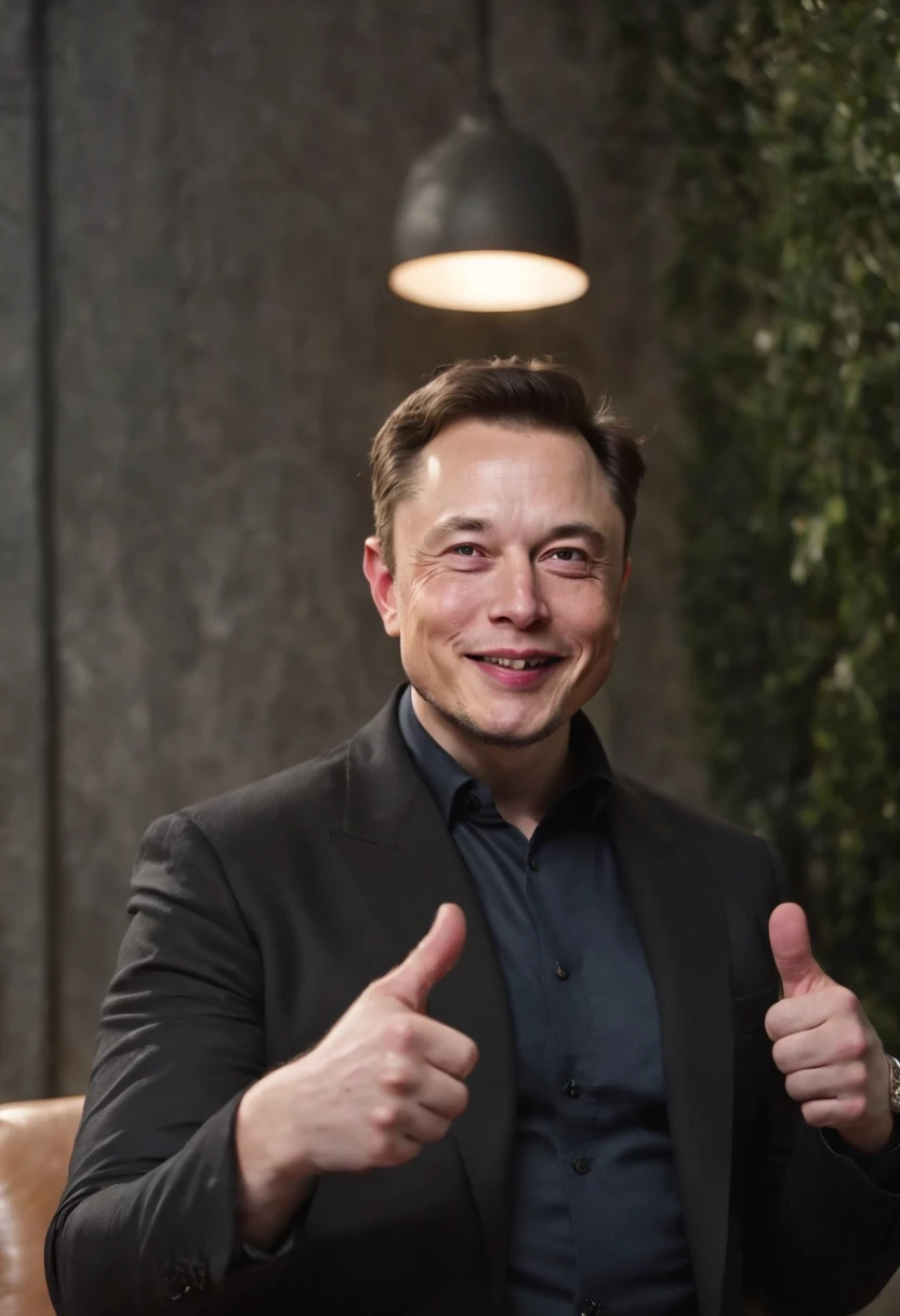Q version of the character full body Elon Musk thumbs up praise evil smile