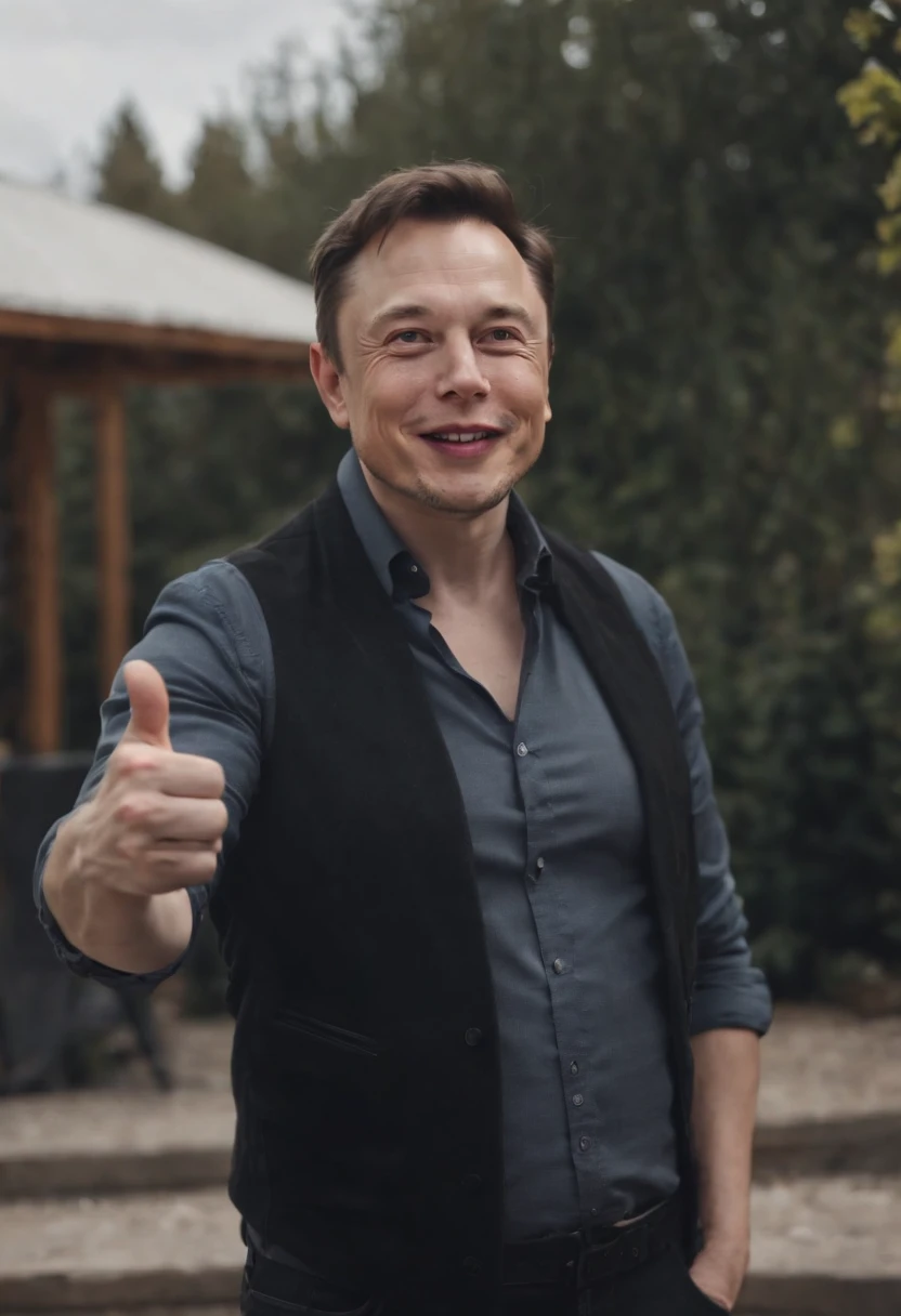 Q version of the character full body Elon Musk thumbs up praise evil smile