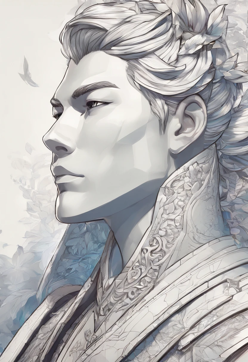 character bust of a swordsman, hand drawn cartoon illustration, Solid and vivid background, Fine, detailed scale, Soft lighting, game character, upper body, Created by Lois Van Barl and Reusch and Ross Tran and Ross Drås and Sam Yang and Sam Ess Arts and Altgerm, Best Quality, masutepiece