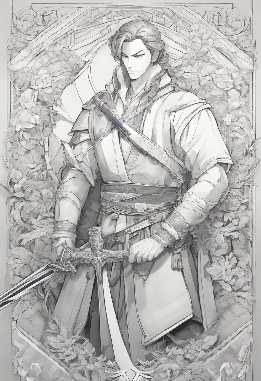 character bust of a swordsman, hand drawn cartoon illustration, Solid and vivid background, Fine, detailed scale, Soft lighting, game character, upper body, Created by Lois Van Barl and Reusch and Ross Tran and Ross Drås and Sam Yang and Sam Ess Arts and Altgerm, Best Quality, masutepiece