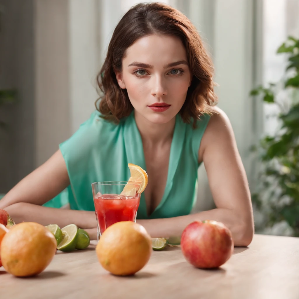 a young woman laying down in front of a table with fruit and cocktail, in the style of light red and light emerald, humorous imagery, wimmelbilder, close up,medium shot