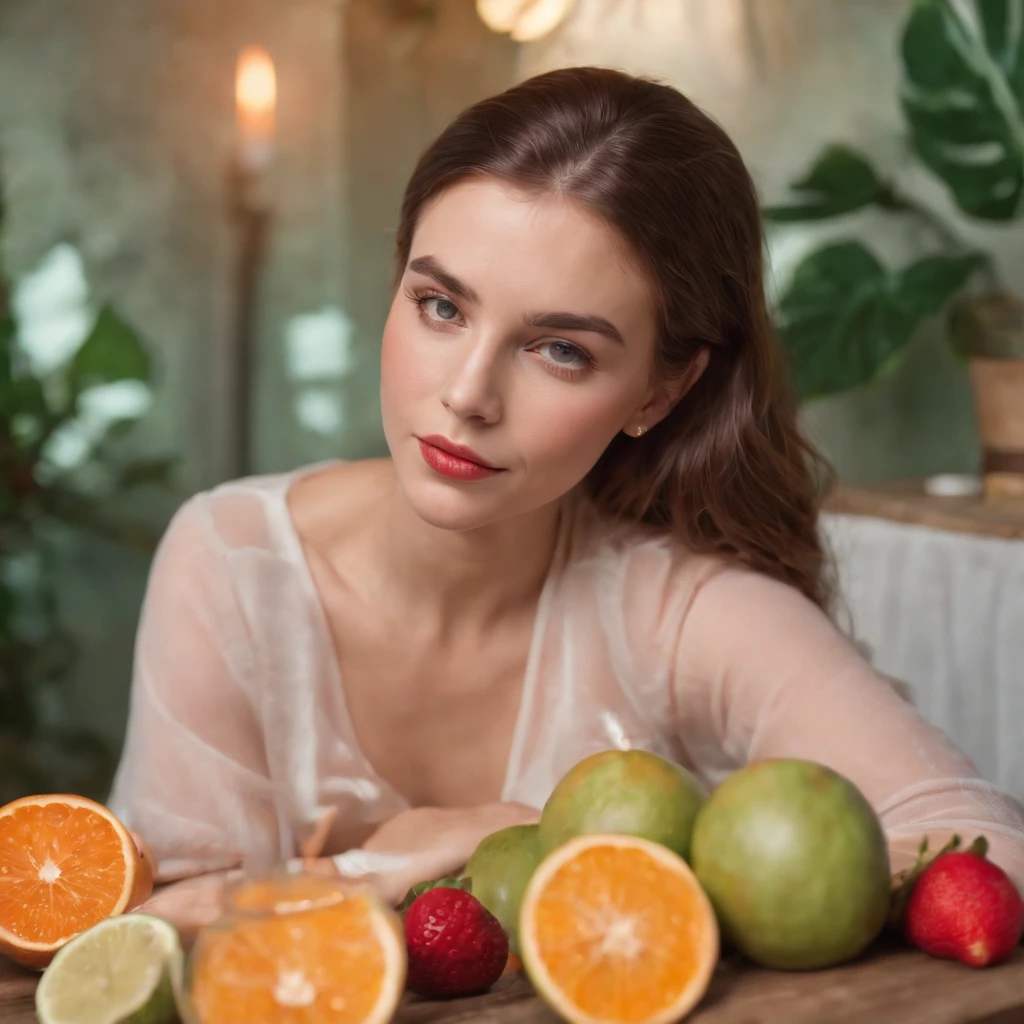a young woman laying down in front of a table with fruit and cocktail, in the style of light red and light emerald, humorous imagery, wimmelbilder, close up,medium shot