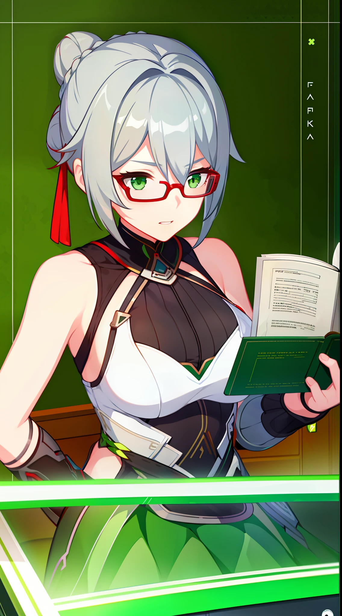 young girl, Gray hair in one bun, Green eyes, red glasses, Green Science Dress, White Elements, Sleeveless, open breasts, book, Masterpiece, hiquality, high detail, HD, 4k