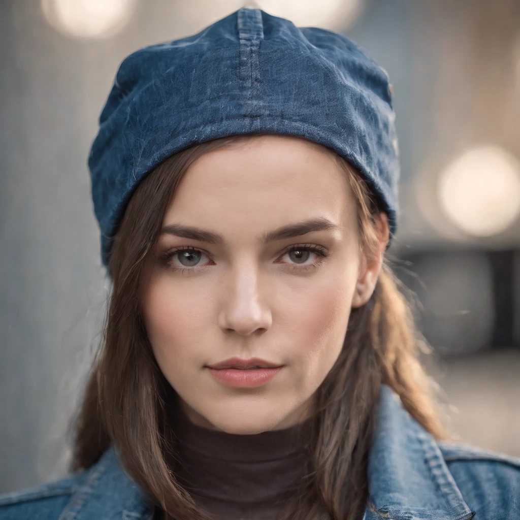 young woman in blue denim jacket with a hat, in the style of , industrial texture, shot on 70mm, aggressive quilting, backlight, androgynous, wimmelbilder