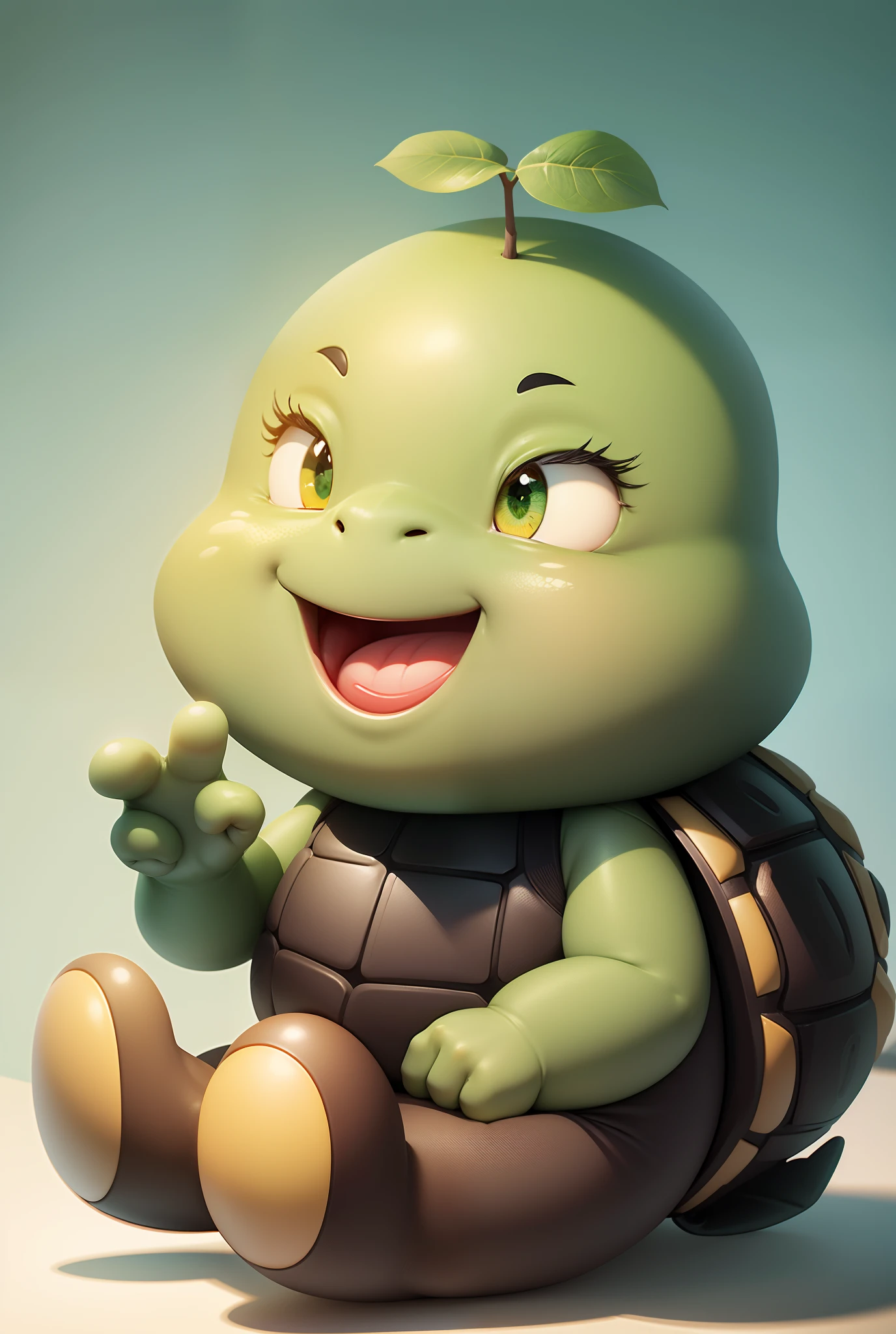 Cute cartoon,Rounded,Sit Pose,Green skin,Redfaced,黑The eye,Yellow belly,Brown turtle shell on the back,Make 2 gestures with your right hand,ssmile