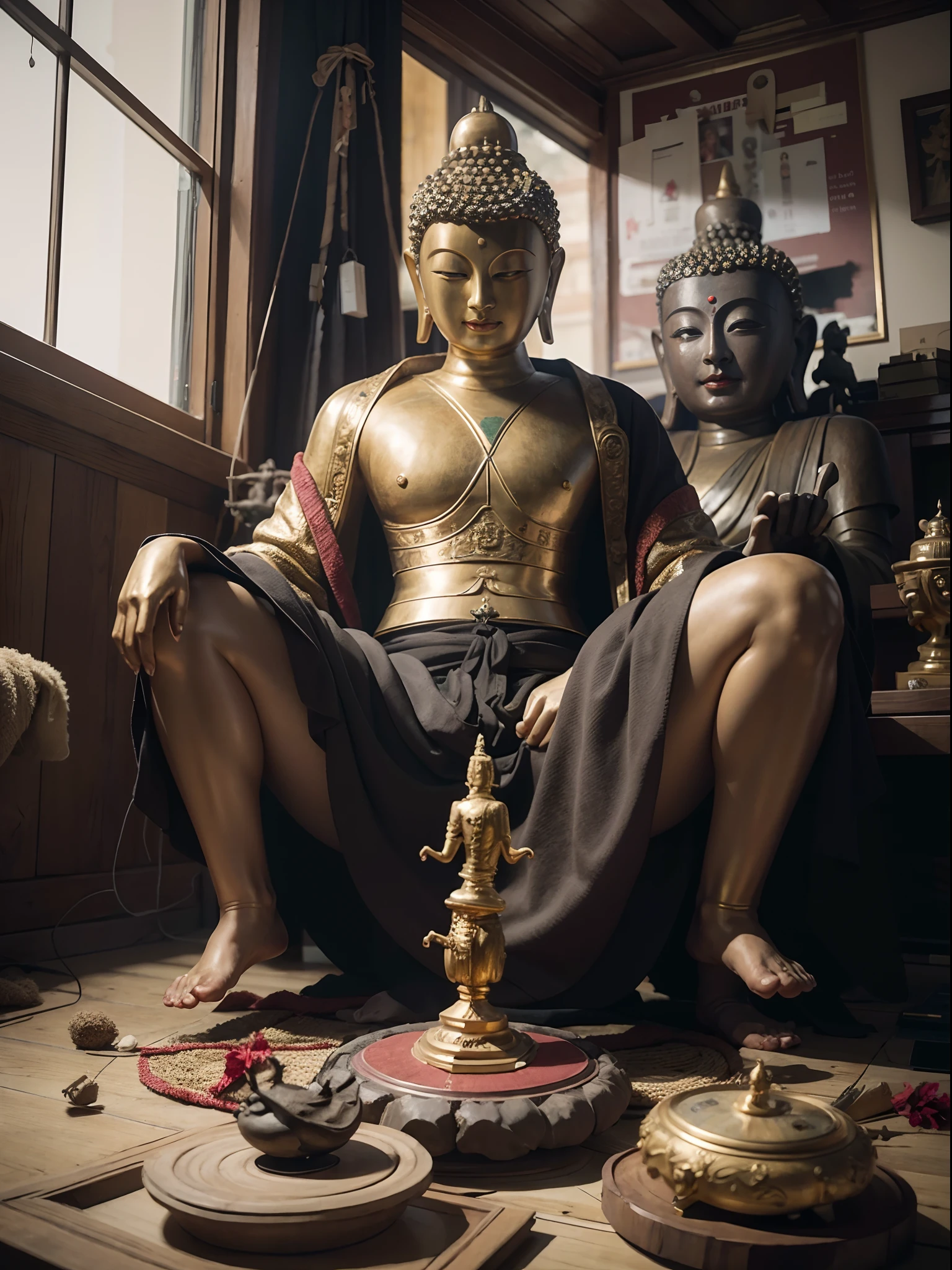 ，Masterpiece, Best quality，8K, 超高分辨率，BUDDHA STATUE，Escultura，dynamicposes，inside in room，