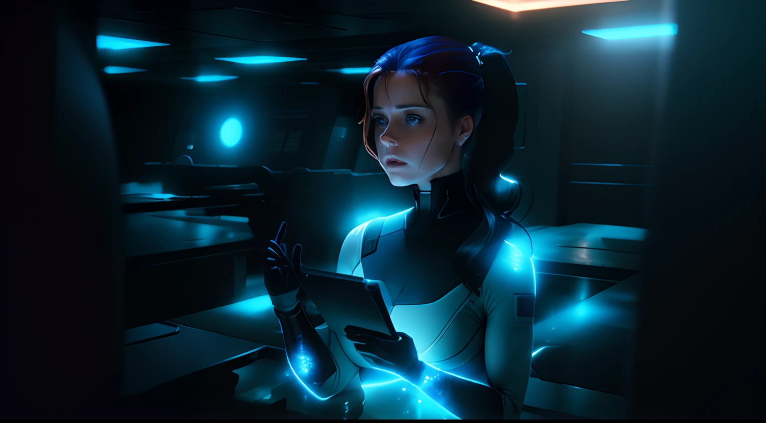Hot terrified Sci fi Amy Adams with slick hair with pony tail holding a sci fi tablet on Ishimura Horror Space Ship photography, natural light, photorealism, cinematic rendering, ray tracing, the highest quality, the highest detail, Cinematic, Third-Person View, Blur Effect, Long Exposure, 8K, Ultra-HD, Natural Lighting, Moody Lighting, Cinematic Lighting