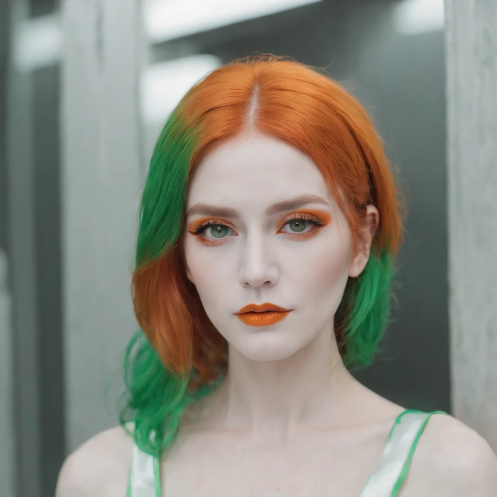 A beautiful 23 years old villain type of girl with long red hair and fell upon one side of her eye, dark brown lipstick, green eyes and she is wearing a sexy revealing yellow outfit and smoking a cigarette 🚬.