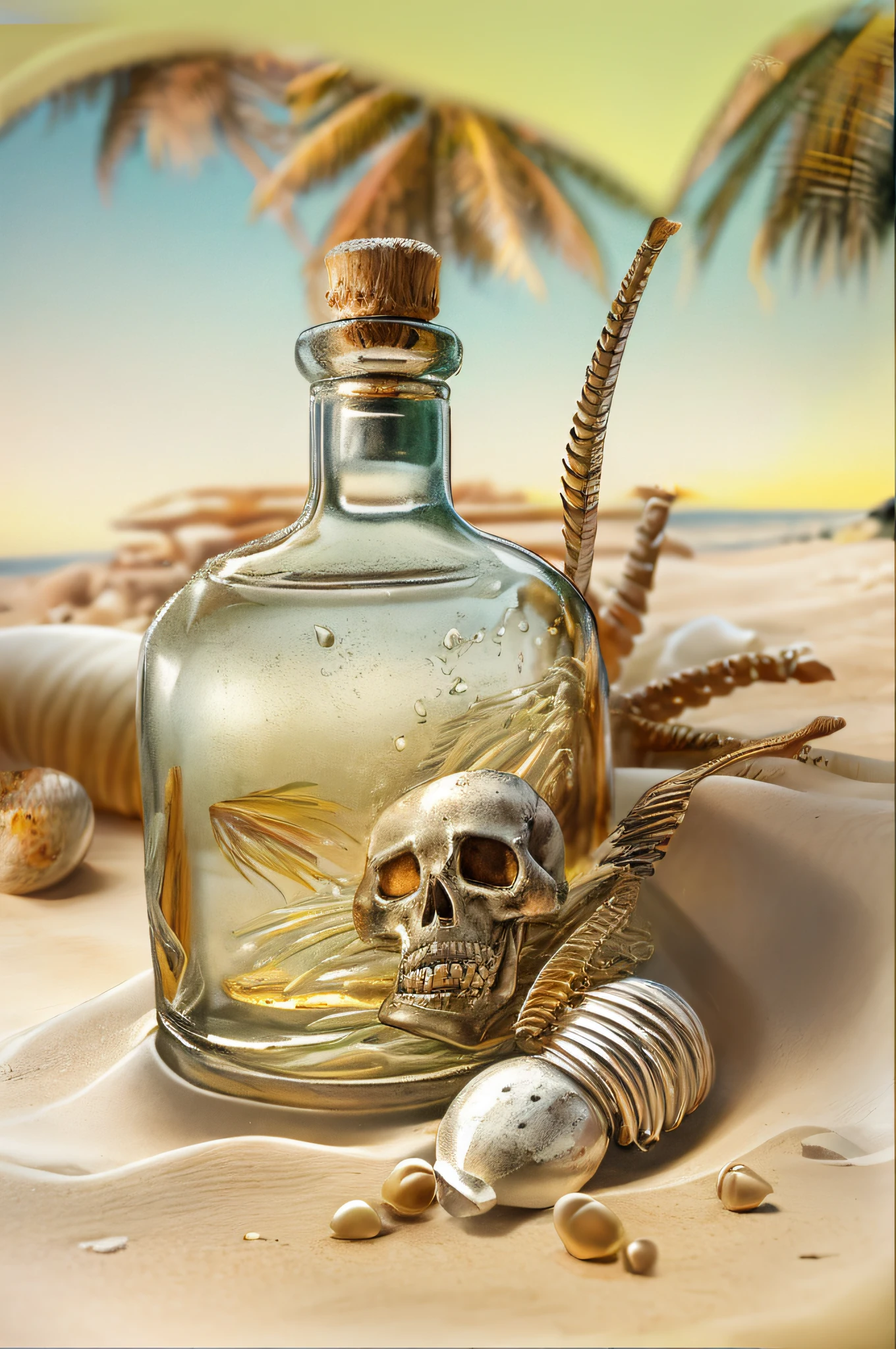 a photorealistic wide angle shot picture of an empty bottle of an expensive Whiskey buried  (best details, Masterpiece, best quality :1.5) in the sands of an island, a lone palm tree, skeleton hand near the bottle  (best details, Masterpiece, best quality :1.5), sandy beach, sea shells spread  wavy sea background, best realistic, best details, best quality, 16k, [ultra detailed], masterpiece, best quality, (extremely detailed), ultra wide shot, photorealism, depth of field, hyper realistic painting, 3d rendering