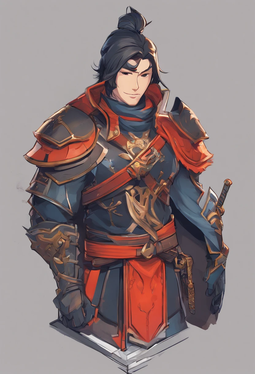3d character bust of a swordsman, character concept, hand drawn cartoon illustration, Solid and vivid background, Fine, detailed scale, Soft lighting, game character, upper body, Created by Lois Van Barl and Reusch and Ross Tran and Ross Drås and Sam Yang and Sam Ess Arts and Altgerm, Best Quality, masutepiece