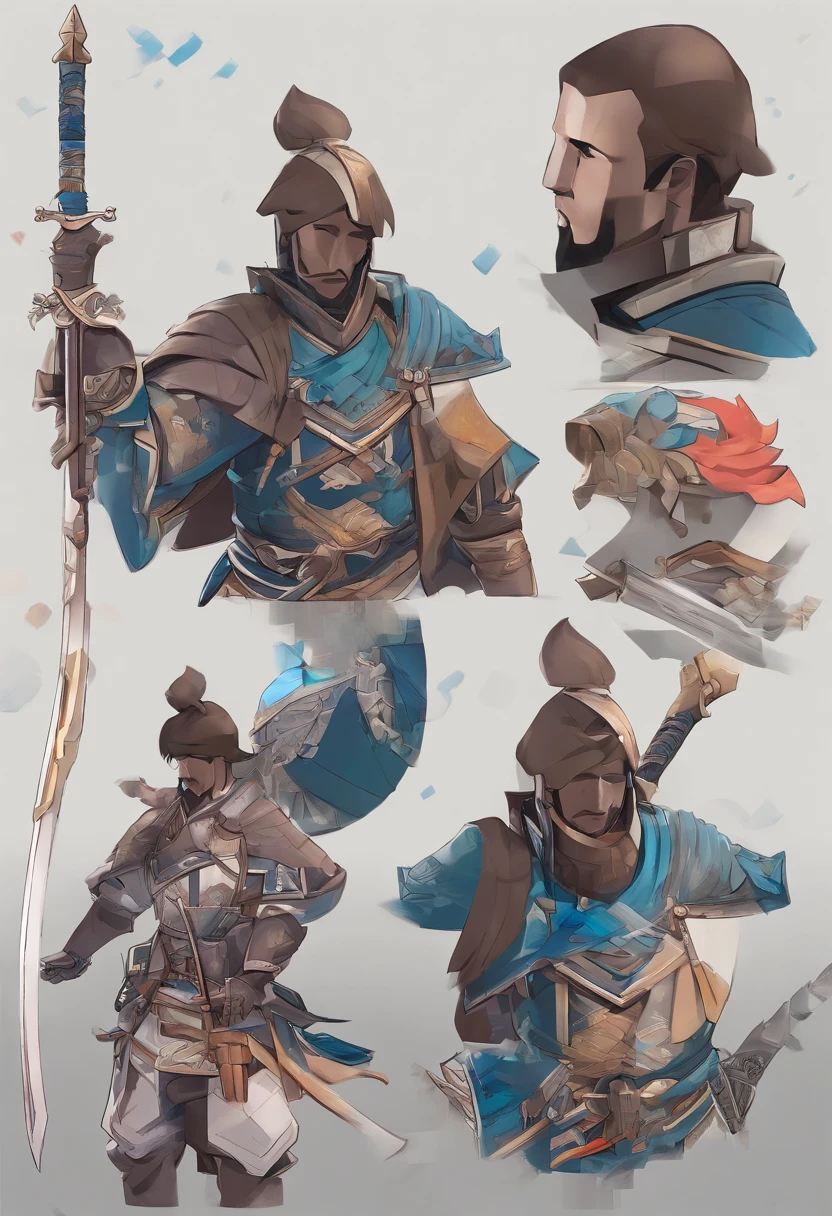 3d character bust of a swordsman, character concept, hand drawn cartoon illustration, Solid and vivid background, Fine, detailed scale, Soft lighting, game character, upper body, Created by Lois Van Barl and Reusch and Ross Tran and Ross Drås and Sam Yang and Sam Ess Arts and Altgerm, Best Quality, masutepiece