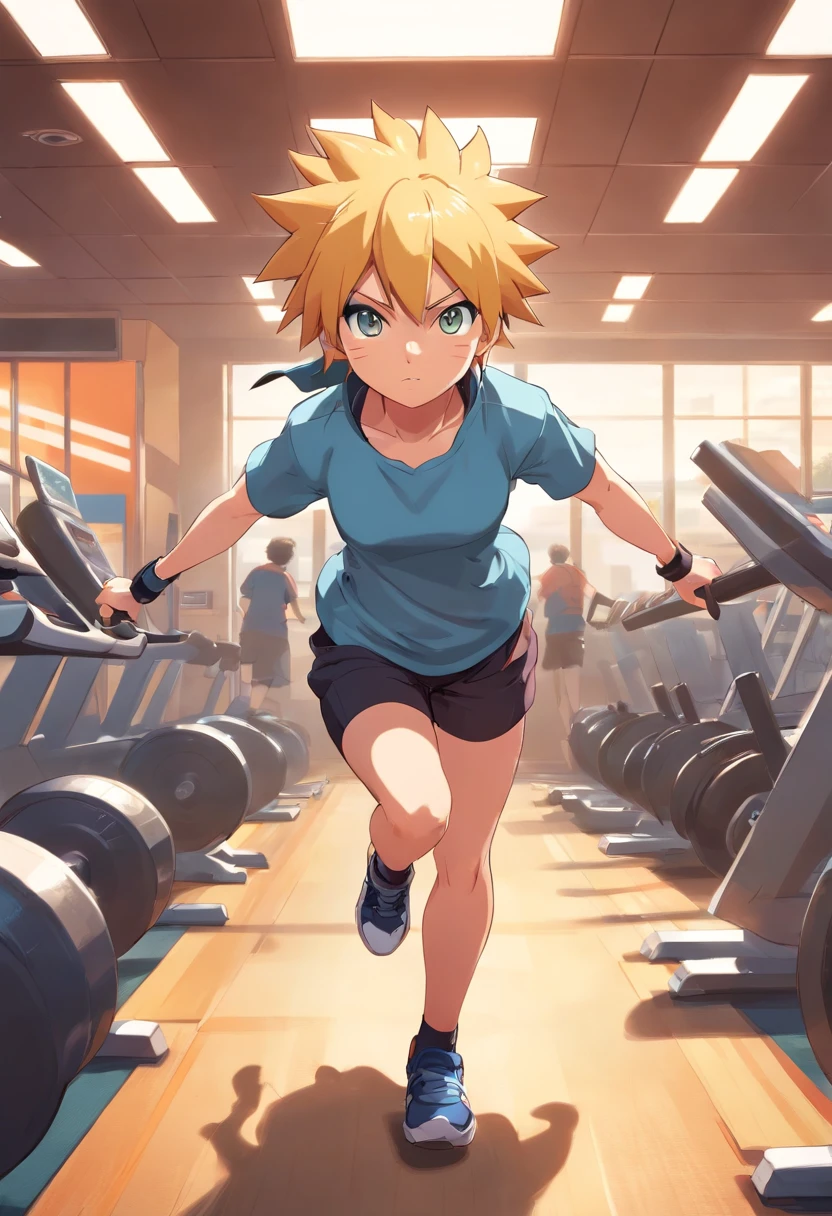 a T-shirt illustration of Naruto the hedgehog working out intensely in a gym