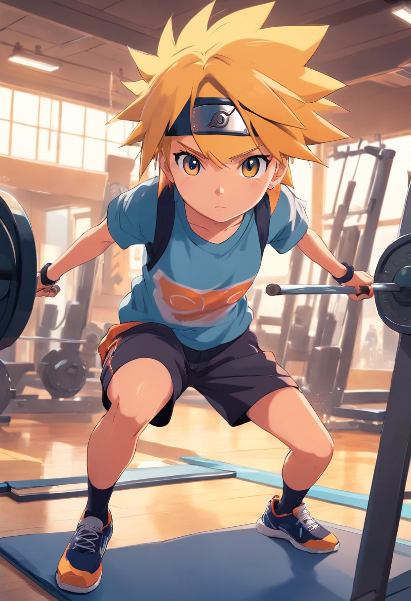 a T-shirt illustration of Naruto the hedgehog working out intensely in a gym