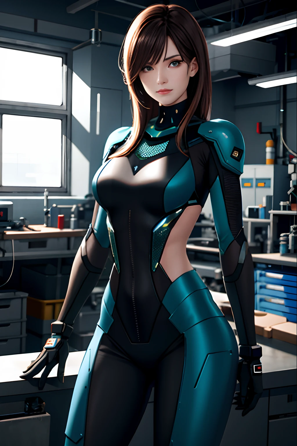 Female mechanical sensation，Lab Room，Raised sexy，In the machine shop，True mechanical texture，tmasterpiece，best qualtiy，cinematic colorgrade，high qulity，k hd，High-quality textures，High-quality shadows，high detal，realisticlying，cinematric light，Sideslit，lens flare glow，Fiber tracing，Sharp focus