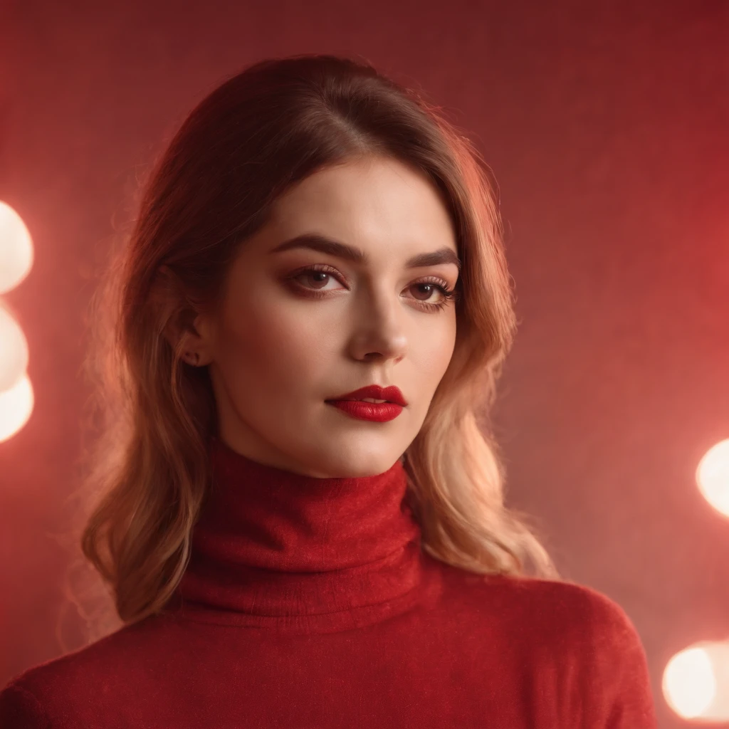 woman with collected hair and flashy makeup, 70s style model pose, turtleneck top, red lights, half length shot, high quality photo