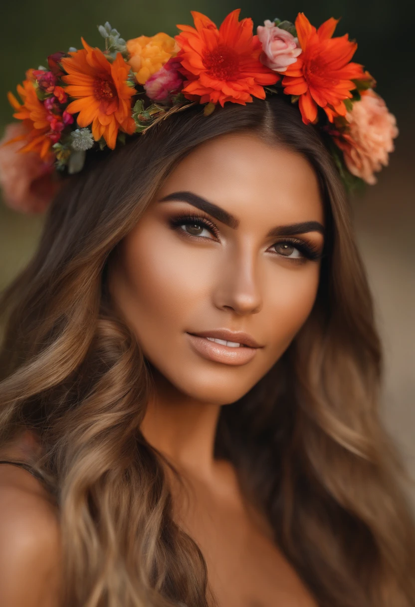 a woman with long hair and a very beautiful face, tanned beauty portrait, photo of a beautiful woman, beautiful female model, jaw dropping beauty, beautiful face and flawless skin, gorgeous beautiful woman, tanned skin, sexy face with full makeup, tan complexion, jaw-dropping beauty, beautiful female face, seducing style,a festival or Coachella-inspired outfit, complete with fringe, flower crowns, and face glitter..